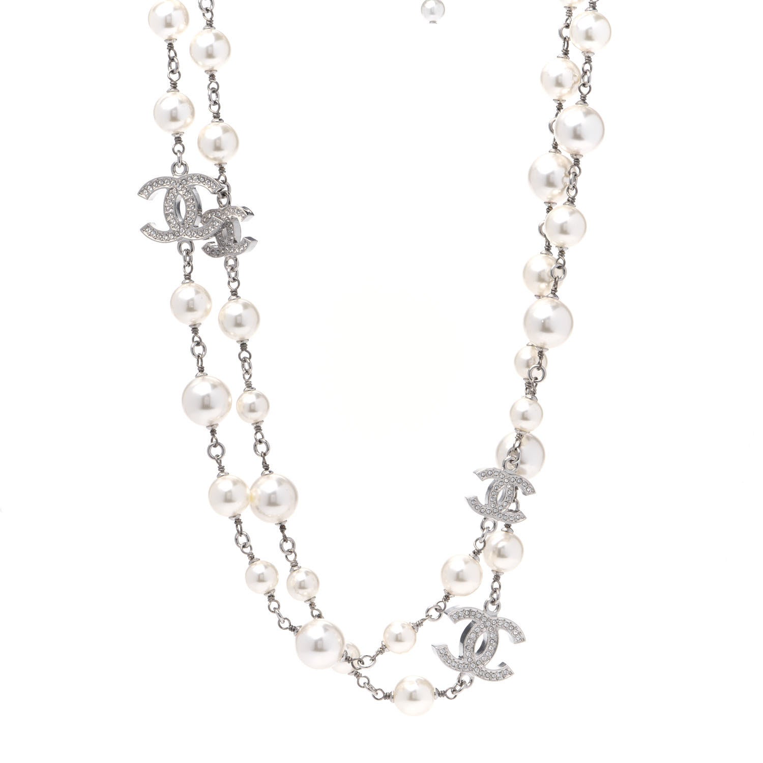 Chanel Crystal Pearl CC Long Necklace Silver 1 of 3