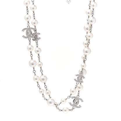 Chanel Crystal Pearl CC Long Necklace Silver 1 of 3