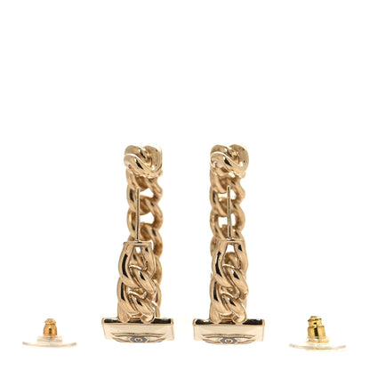 Chanel Metal Enamel CC Square Chain Hoop Earrings Gold White 3 of 4
