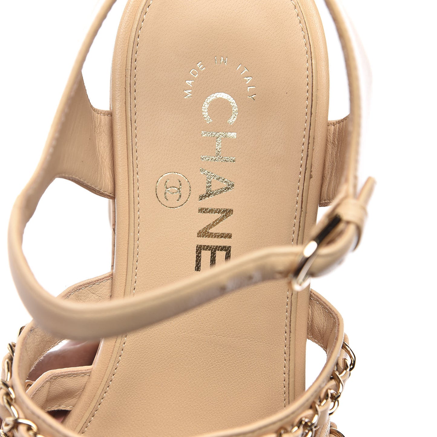 Lambskin Chain Cork Wedge Sandals 37 Beige