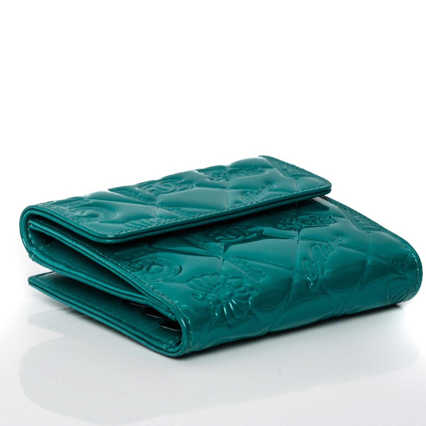 Patent Calfskin Lucky Symbols Compact French Flap Wallet Turquoise