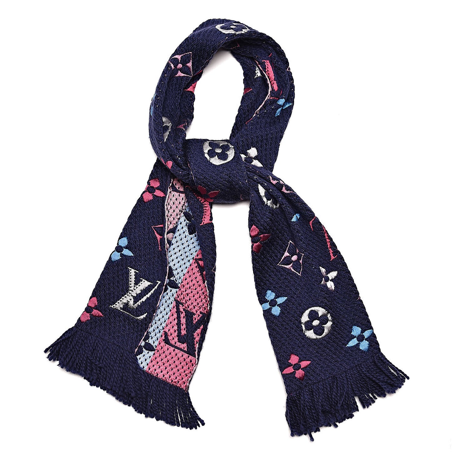 Wool Silk Rainbow Logomania Scarf Navy