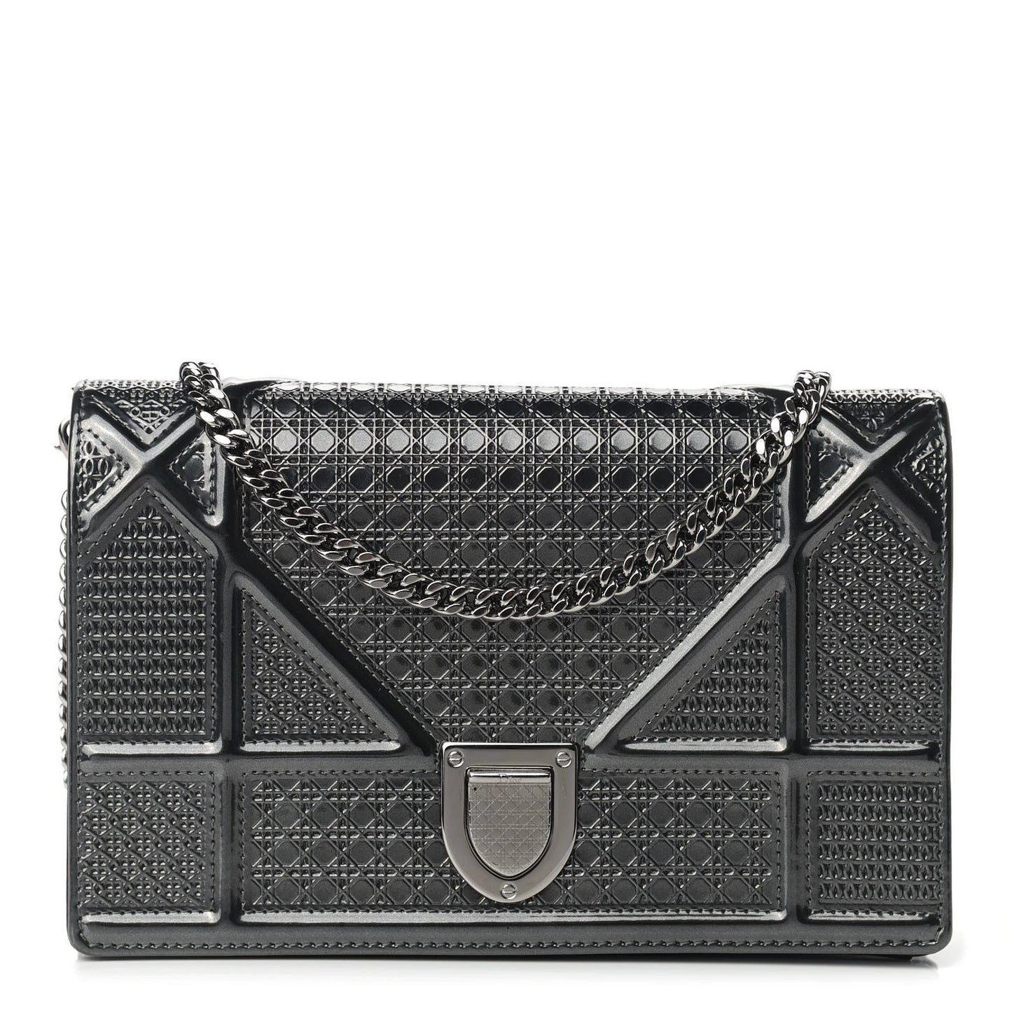 Metallic Patent Micro-Cannage Diorama Wallet on Chain Pouch Onyx Black