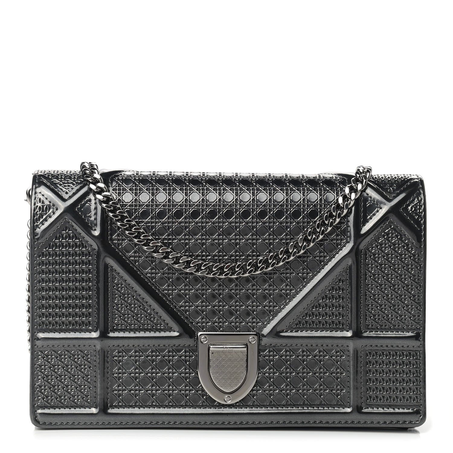 Christian Dior Metallic Patent Micro-Cannage Diorama Wallet on Chain Pouch Onyx Black 1 of 11
