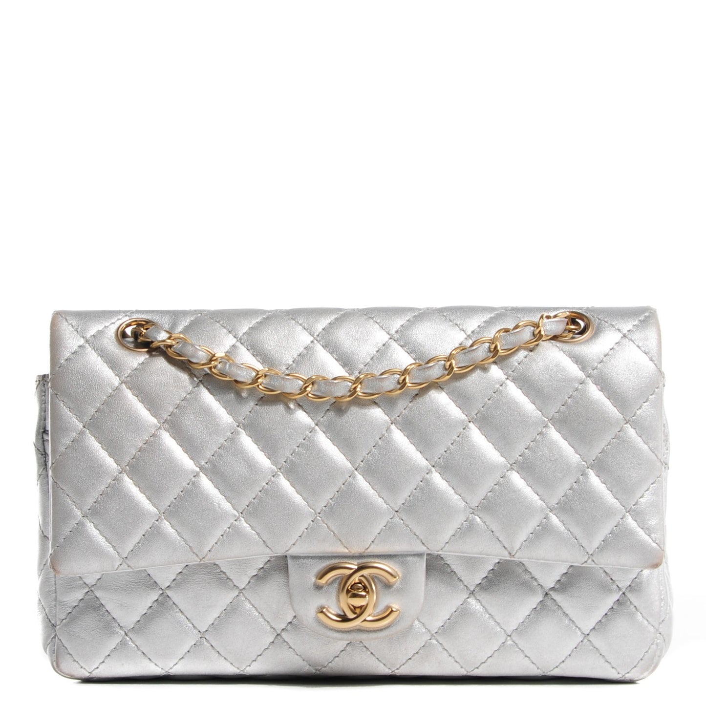 Lambskin Quilted Medium Double Flap Silver