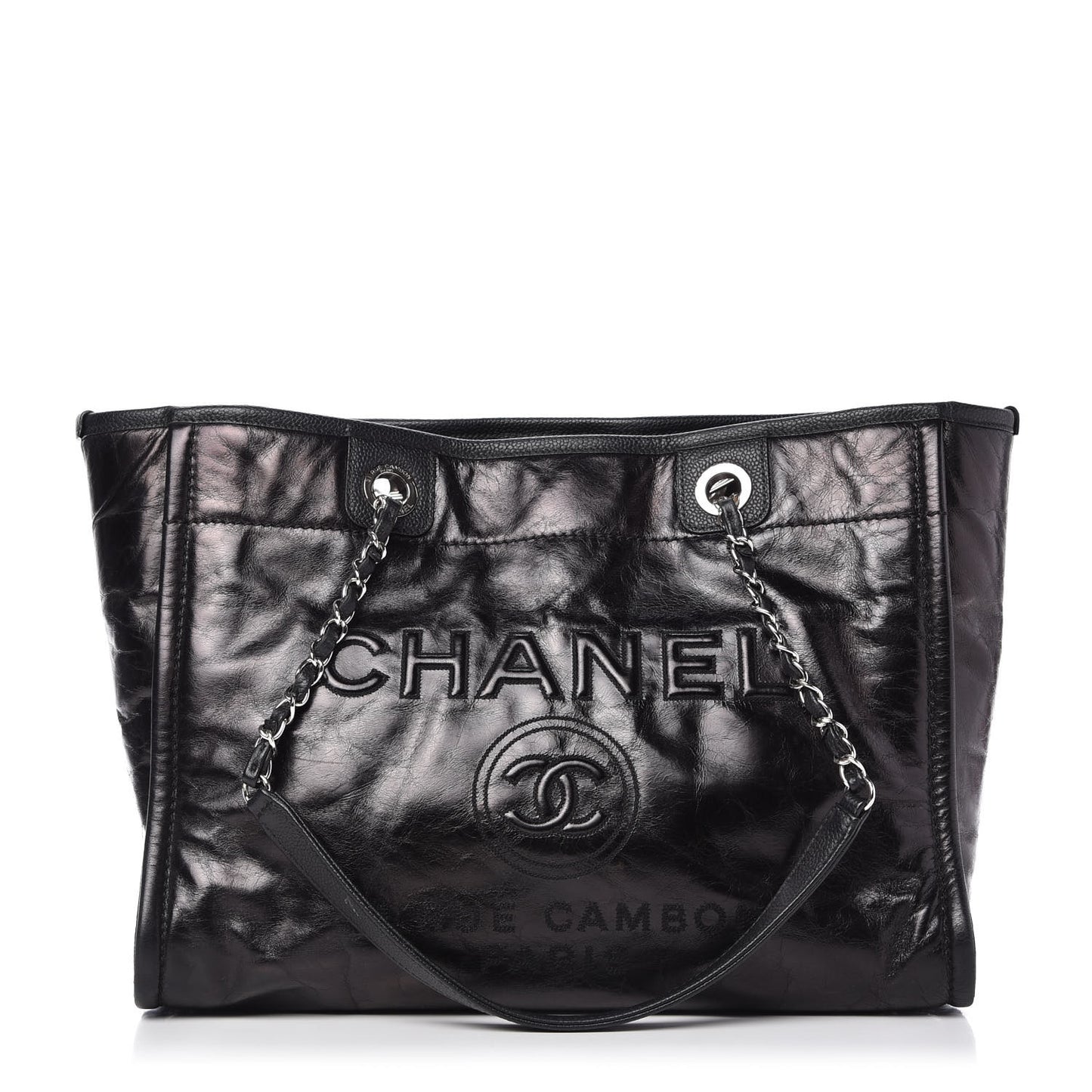 Glazed Calfskin Small Deauville Tote Black
