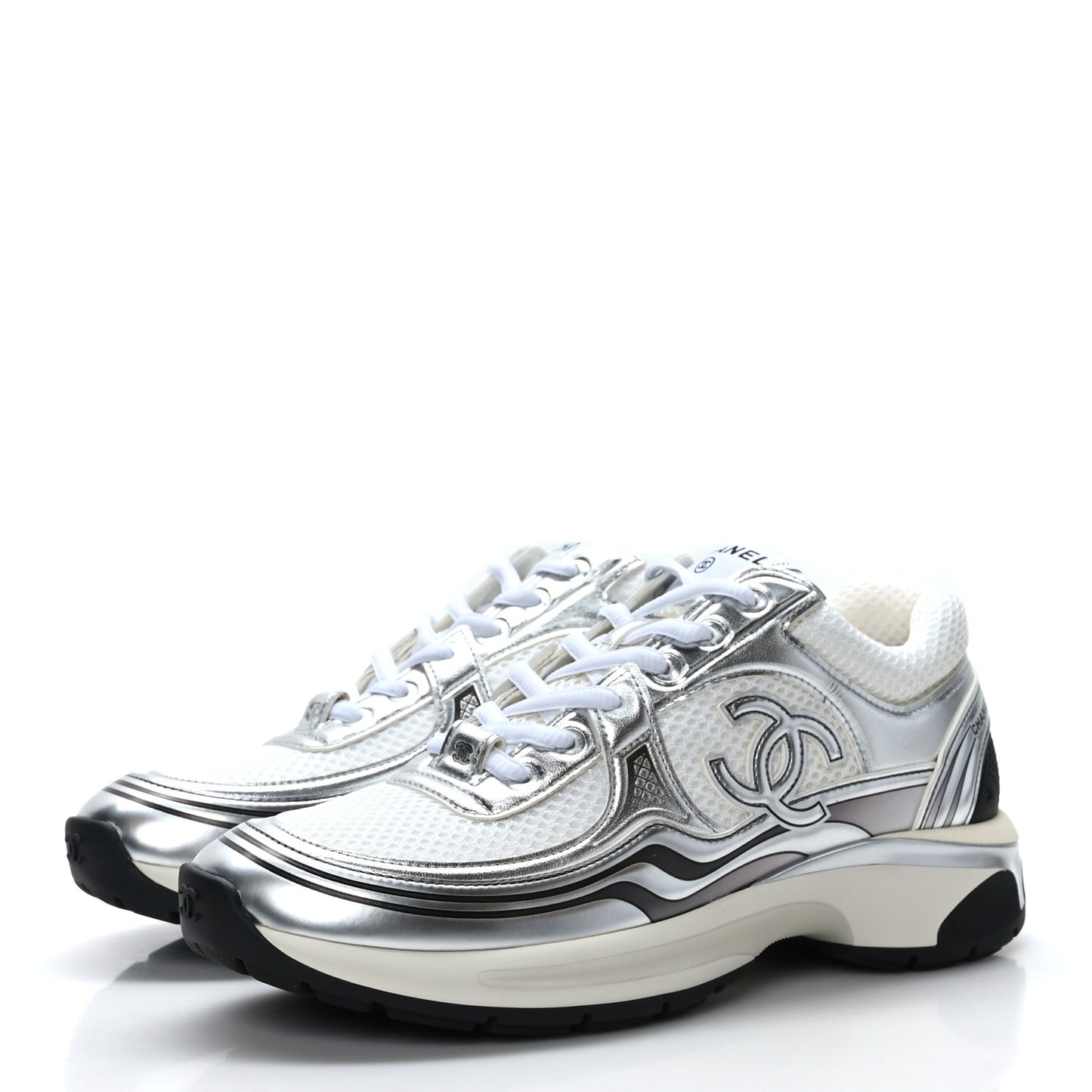 Fabric Laminated Calfskin Stretch CC Sneakers 36.5 White Silver