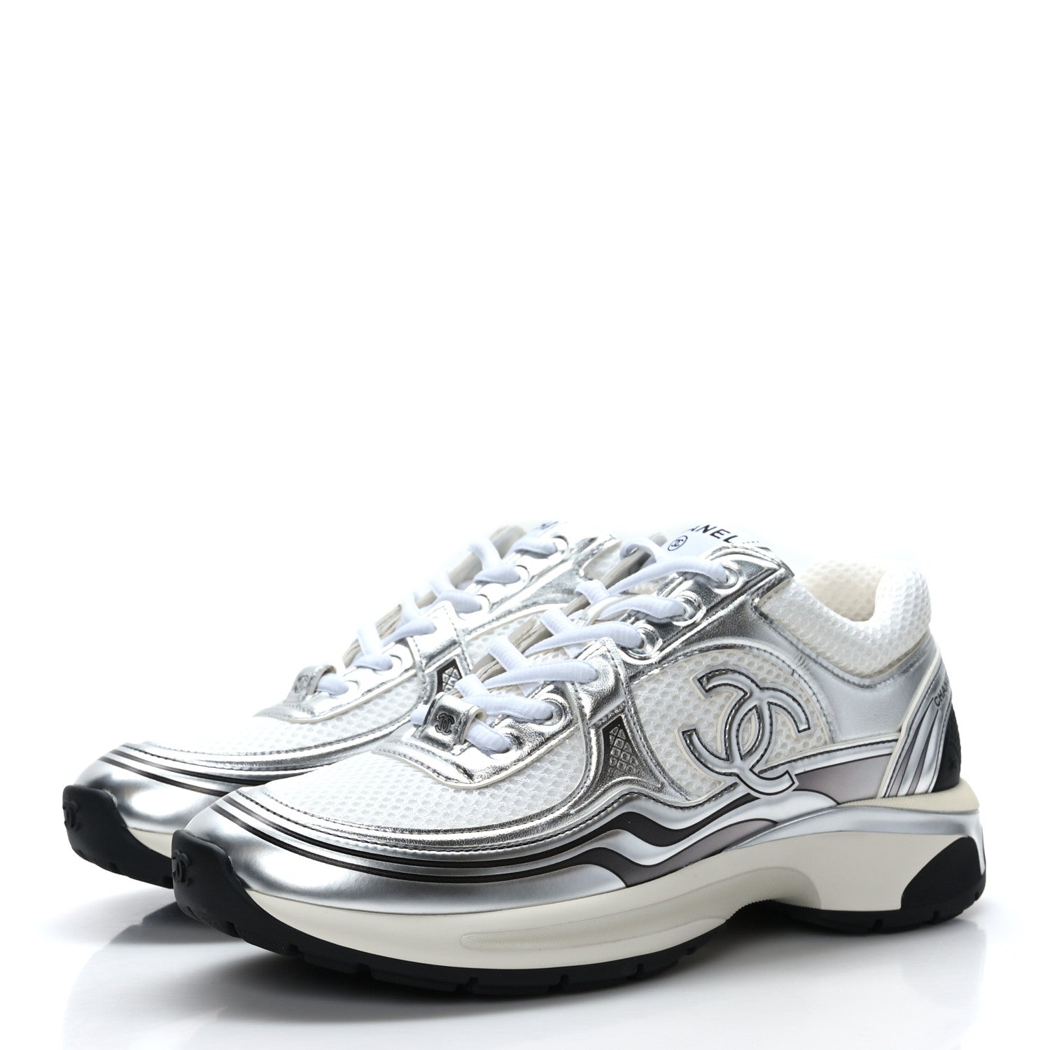 Chanel Fabric Laminated Calfskin Stretch CC Sneakers 36.5 White Silver 3 of 8