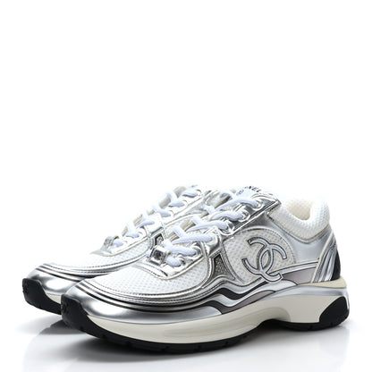 Chanel Fabric Laminated Calfskin Stretch CC Sneakers 36.5 White Silver 3 of 8