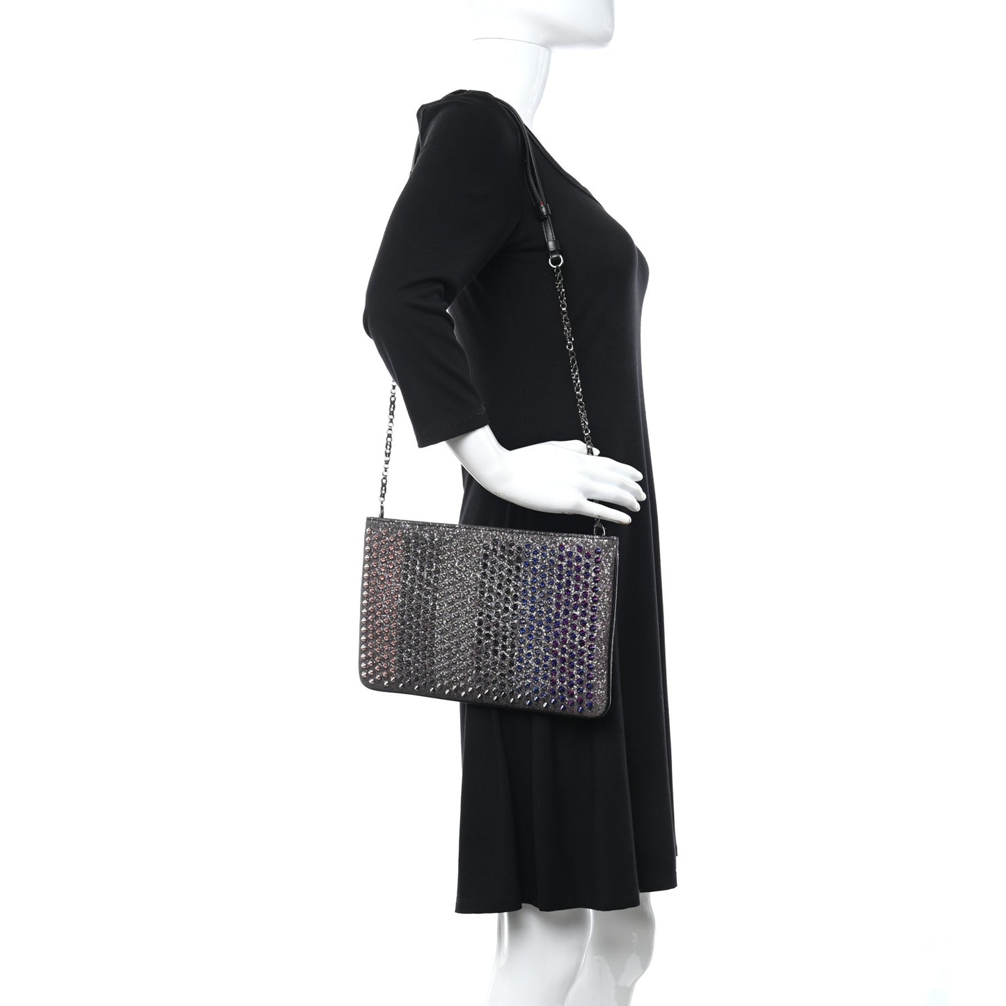 Glitter Calfskin Studded Loubiposh Chain Clutch Multicolor