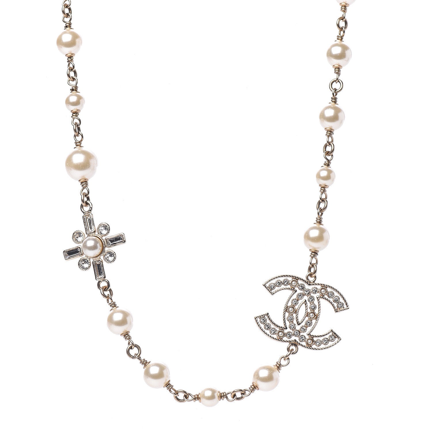 Chanel Crystal Baguette Pearl CC Cross Short Necklace Gold 1 of 4