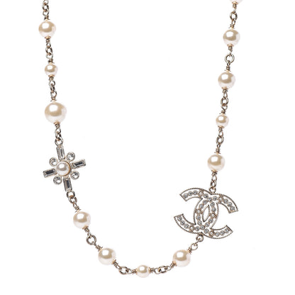 Chanel Crystal Baguette Pearl CC Cross Short Necklace Gold 1 of 4