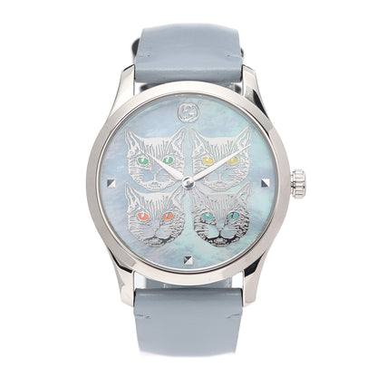 Gucci Stainless Steel Calfskin Blue Mother of Pearl 38mm G-Timeless Cat Quartz Watch 1 of 5
