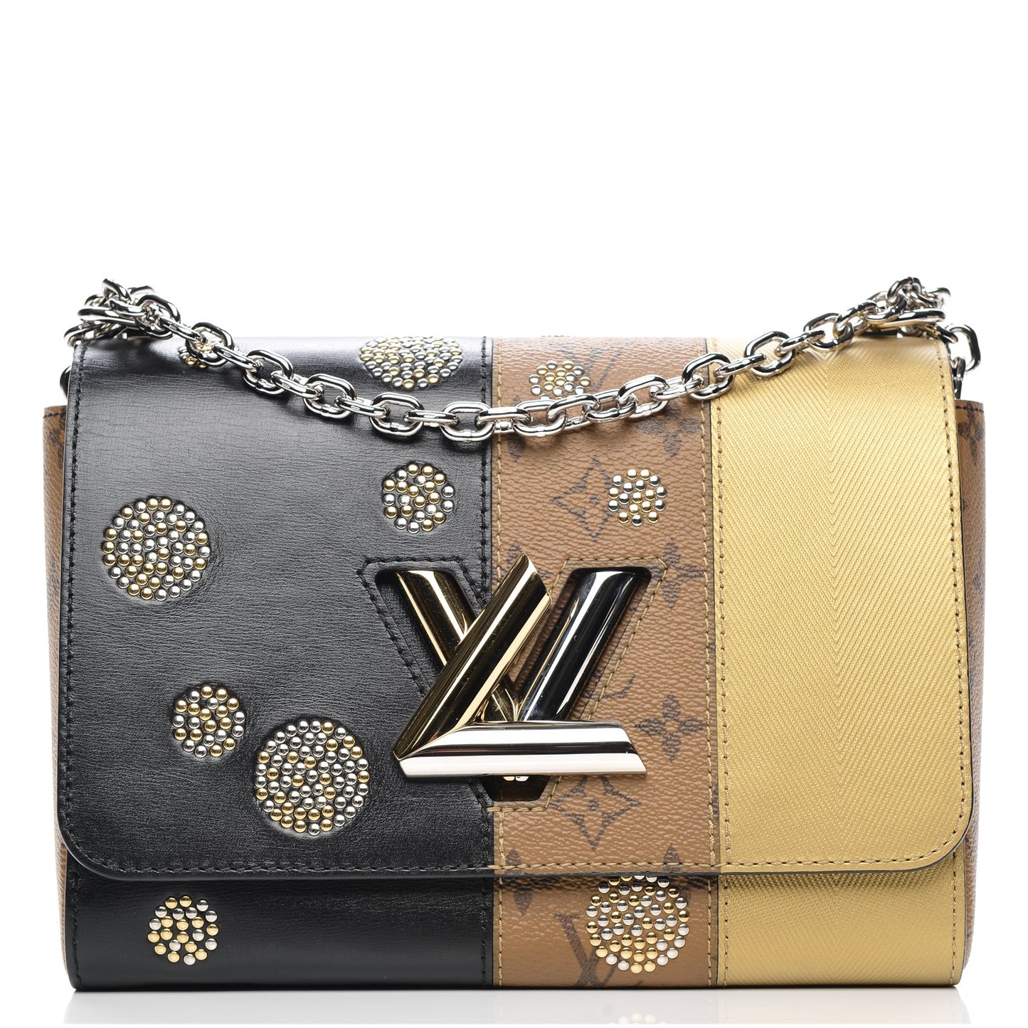 Calfskin Reverse Monogram Studded Twist Shoulder Bag MM Black Gold