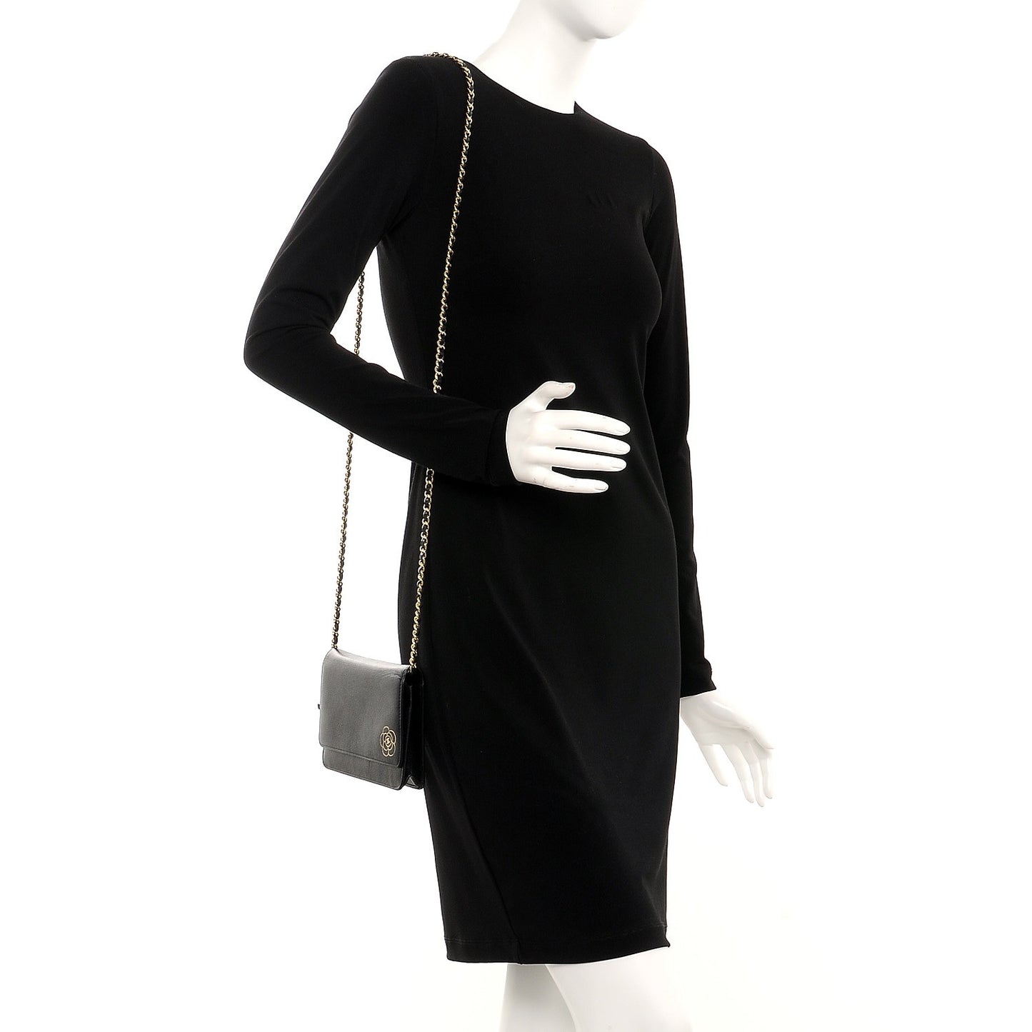 Goatskin Embossed Camellia Wallet On Chain WOC Black