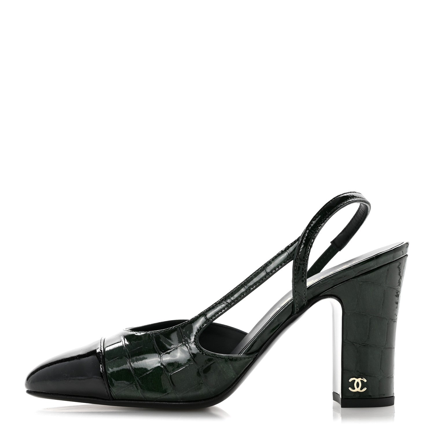 Chanel Patent Calfskin Crocodile Embossed Cap Toe CC Slingback Pumps 37 Dark Green Black 1 of 10