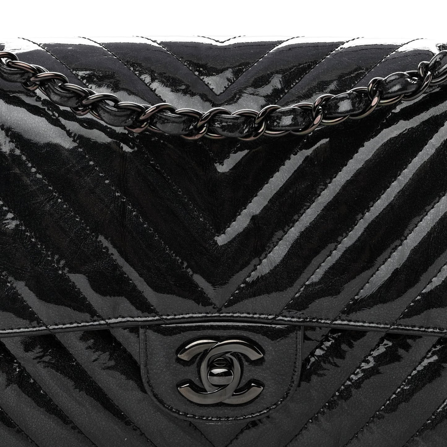 Metallic Patent Crumpled Calfskin Chevron Quilted Medium Double Flap So Black
