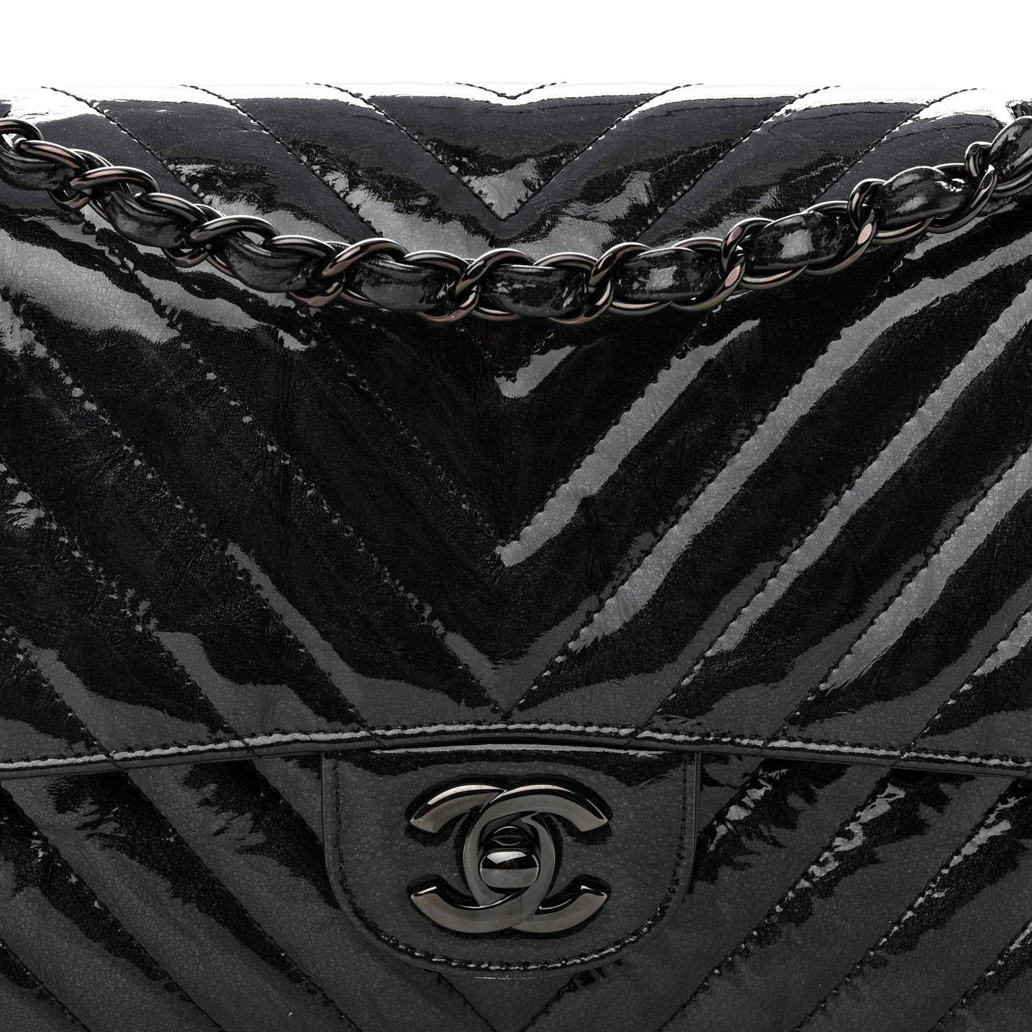 Chanel Metallic Patent Crumpled Calfskin Chevron Quilted Medium Double Flap So Black 8 of 10