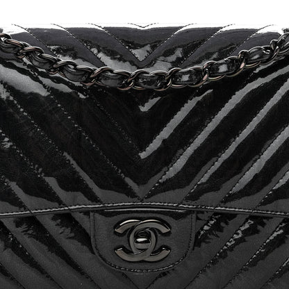 Chanel Metallic Patent Crumpled Calfskin Chevron Quilted Medium Double Flap So Black 8 of 10