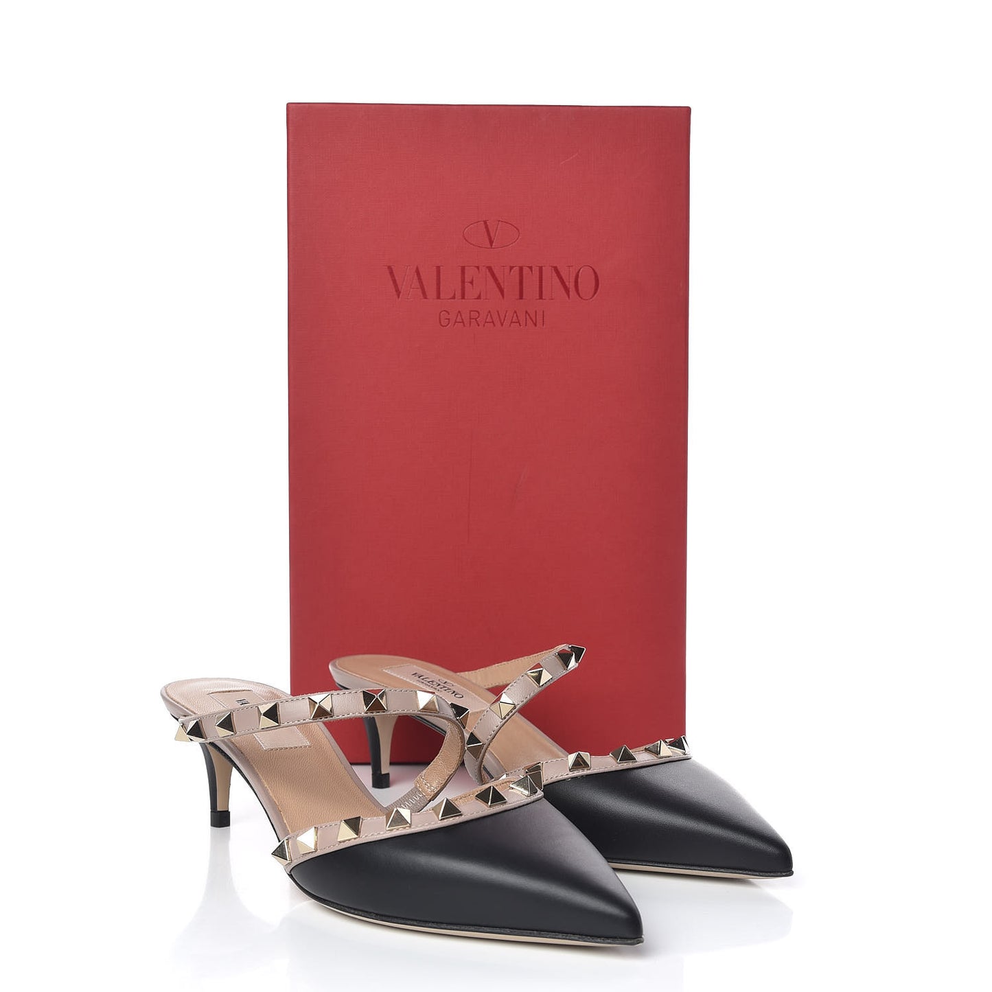 Calfskin Nappa Rockstud Cross Strap 50mm Mules 35 Black Poudre