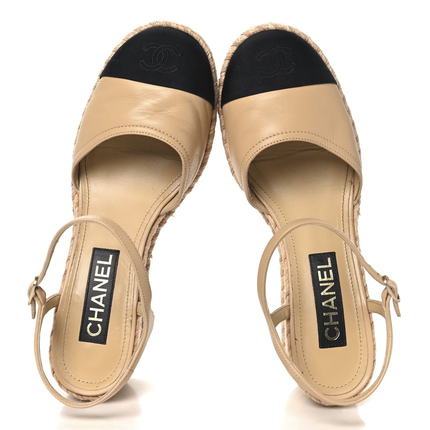 Chanel Lambskin Grosgrain CC Espadrilles Wedges 40 Beige Black 2 of 9