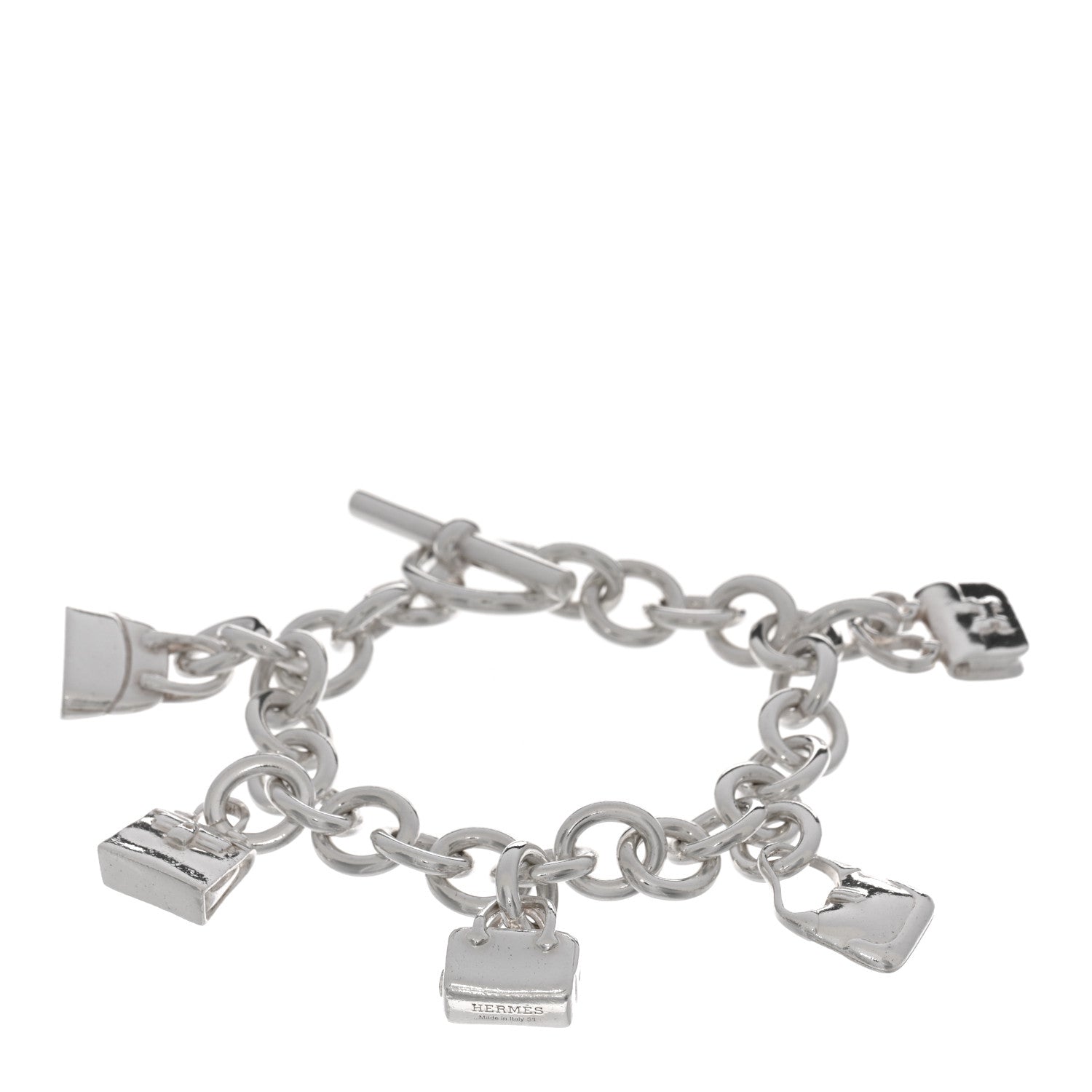 Hermes Sterling Silver Five Bags Amulette Charm Bracelet ST 1 of 4