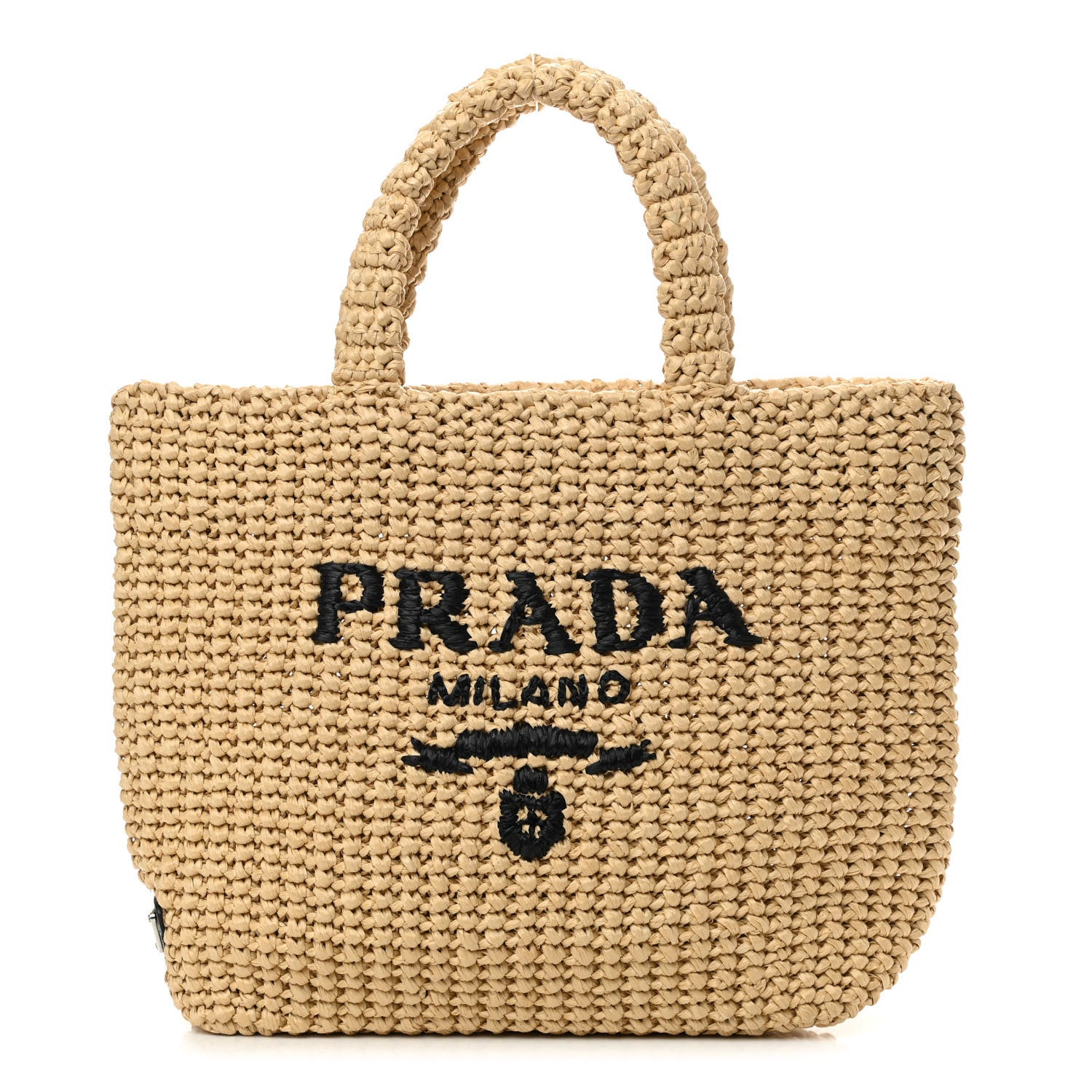 Prada Yarn Raffia Effect Crochet Embroidered Small Logo Tote Naturale 1 of 9