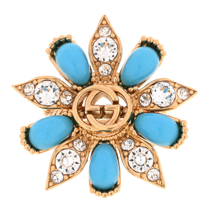 Gucci Metal Crystal Interlocking G Ring Set 53 6.25 Gold Turquoise 1 of 5