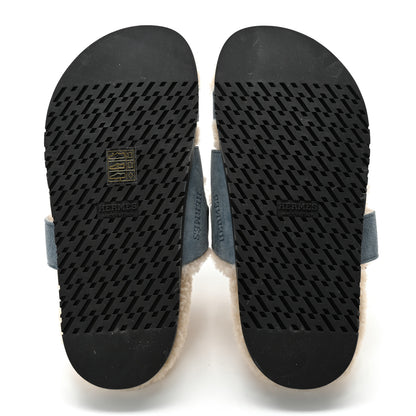 Hermes Suede Goatskin Woolskin Womens Chypre Sandals 35.5 Bleu Pinede Ecru 5 of 9