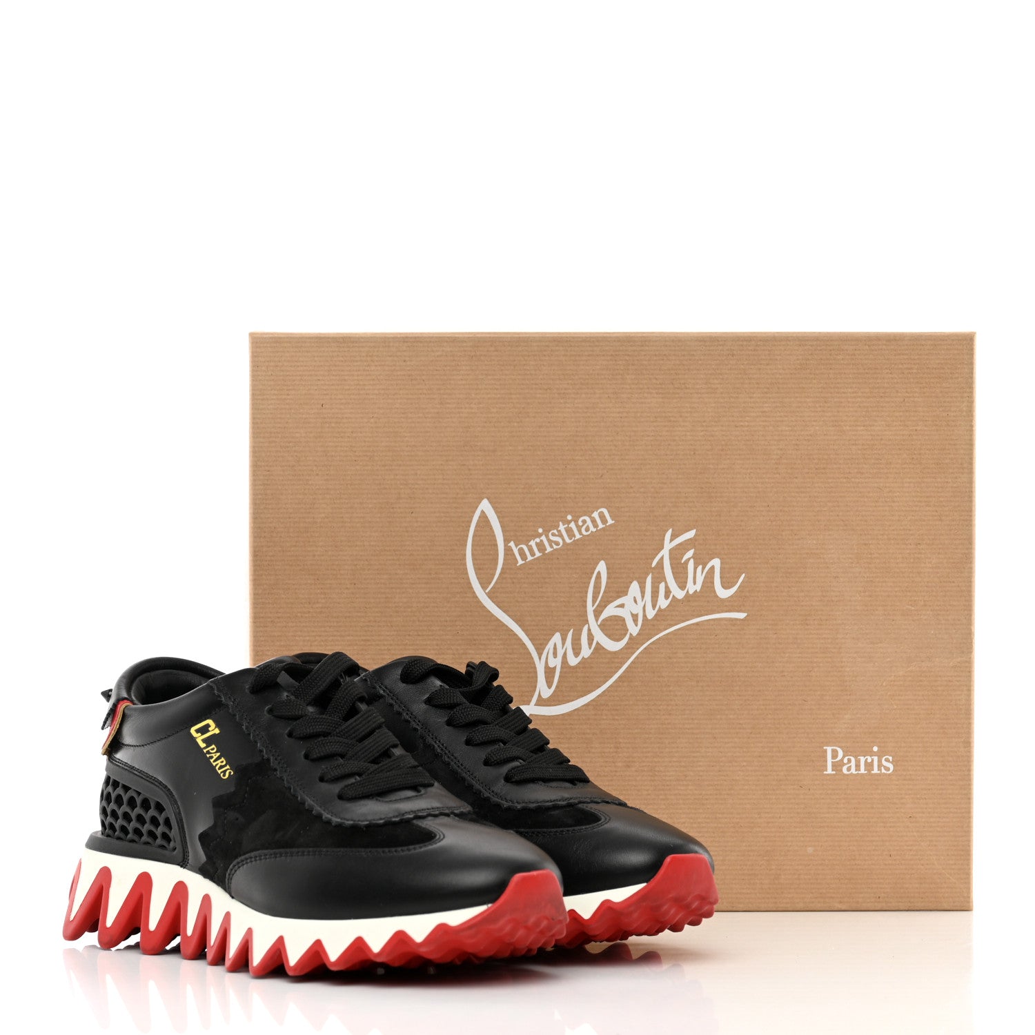 Christian Louboutin Calfskin Suede Patent Womens Loubishark Sneakers 37 Black Loubi Red 21 of 21