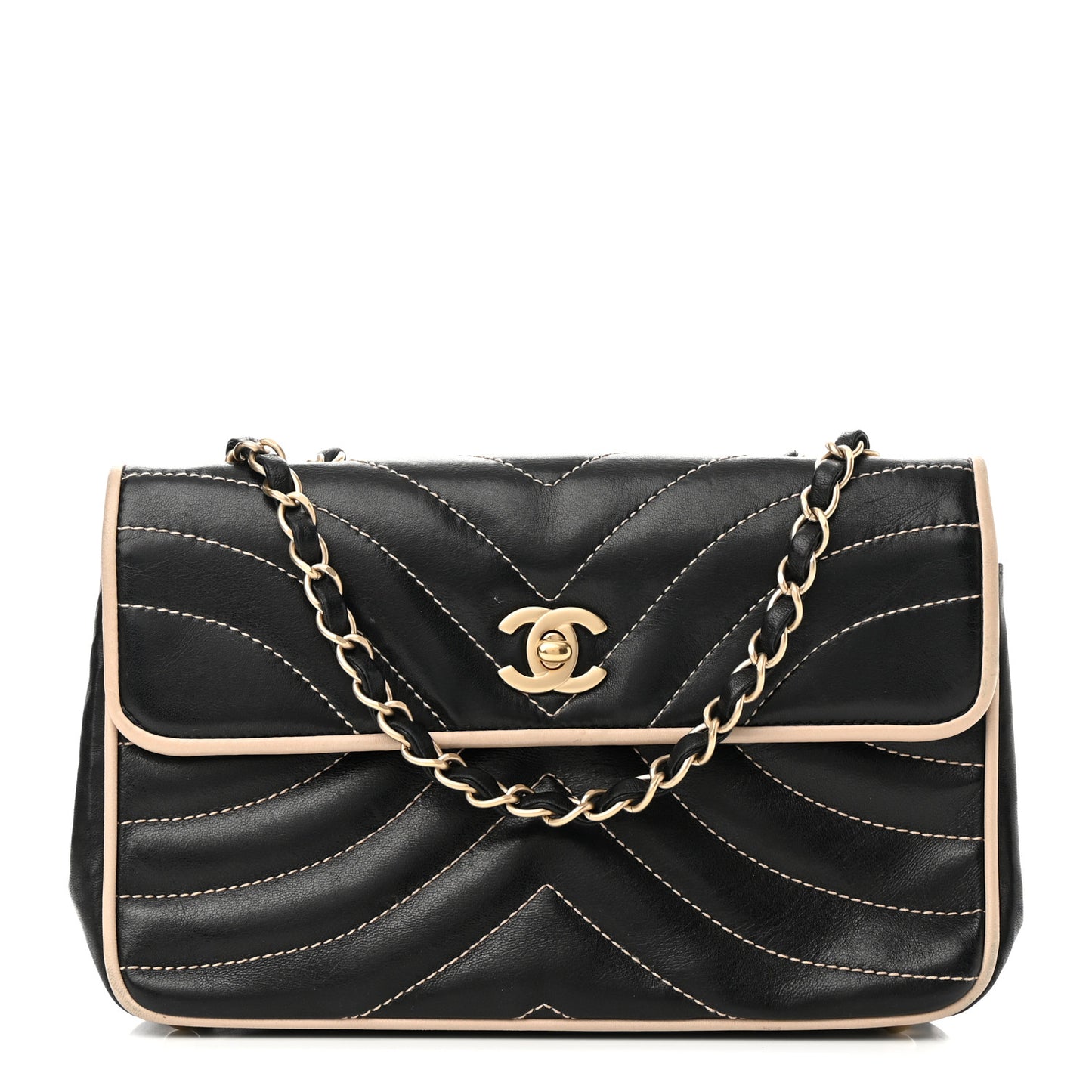 Lambskin Quilted Single Flap Bag Black Beige