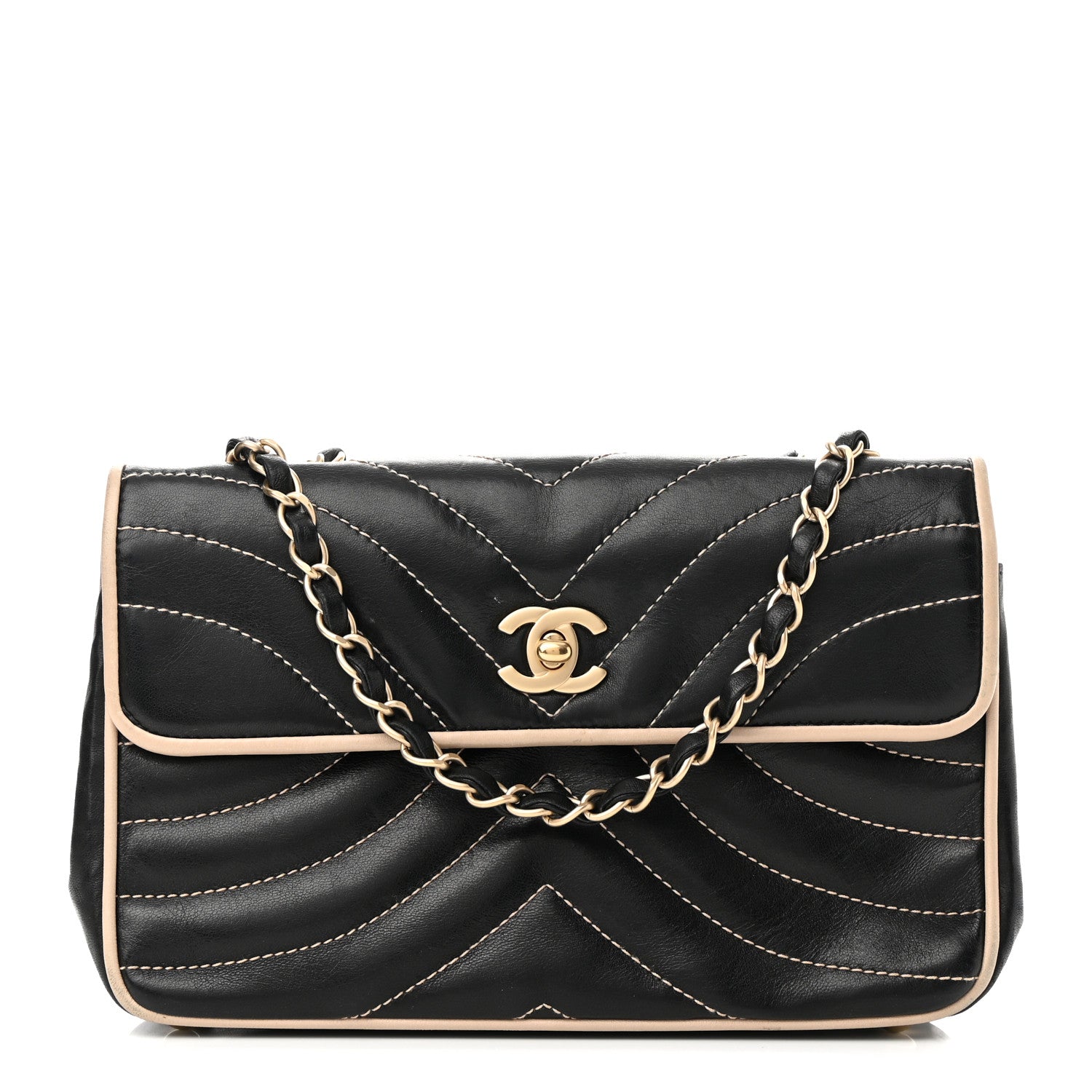 Chanel Lambskin Quilted Single Flap Bag Black Beige 1 of 12