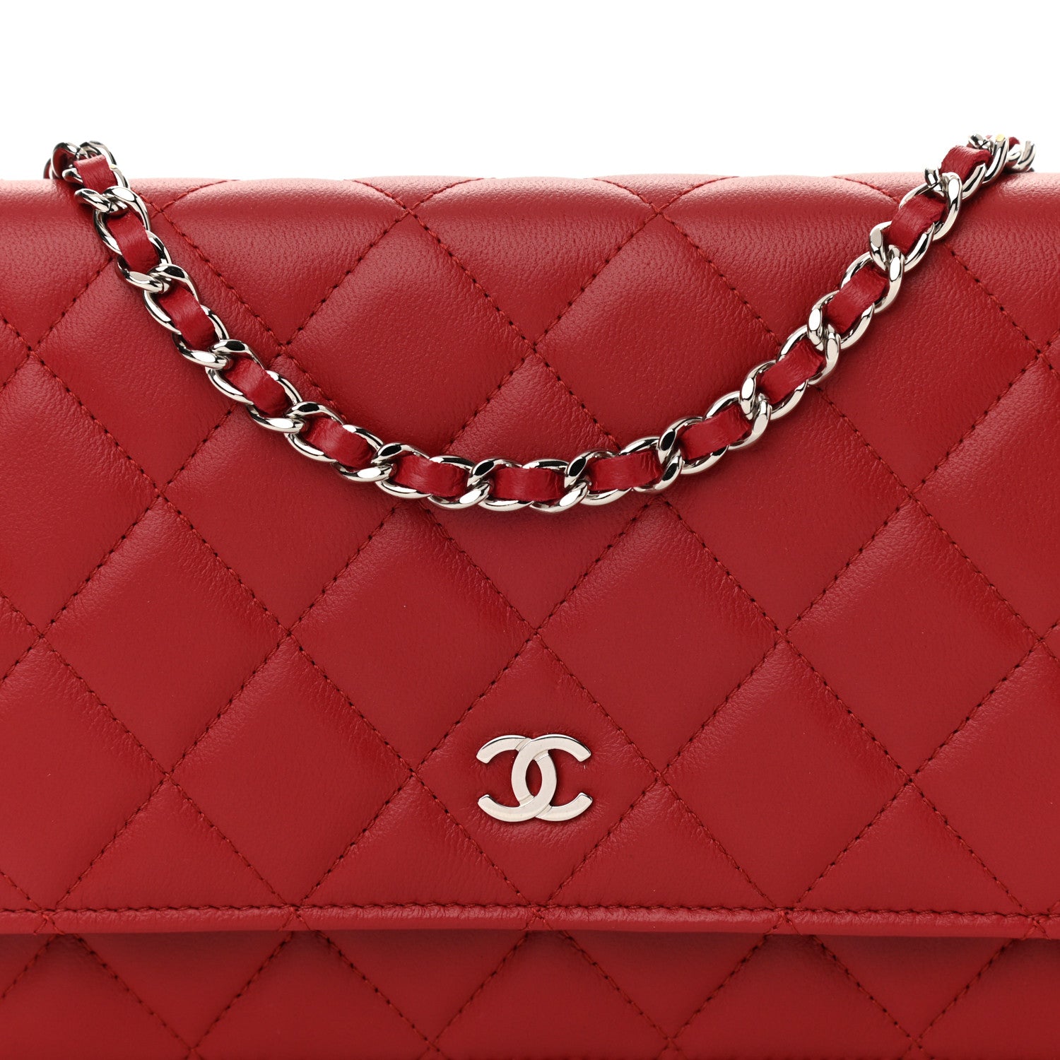 Chanel Lambskin Quilted Wallet On Chain WOC Red 9 of 12