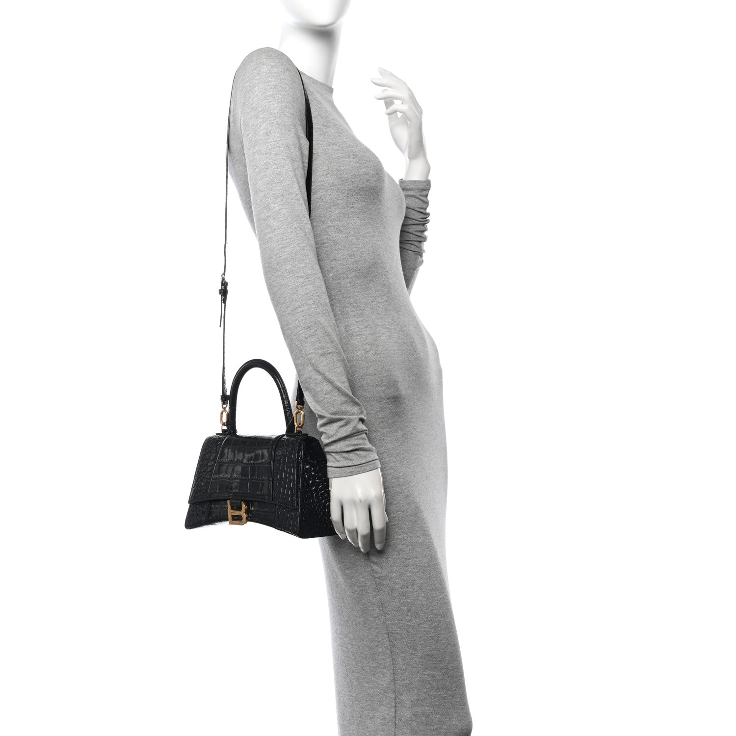 Balenciaga Shiny Calfskin Crocodile Embossed Small Hourglass Top Handle Bag Black 2 of 10