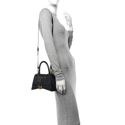 Balenciaga Shiny Calfskin Crocodile Embossed Small Hourglass Top Handle Bag Black 2 of 10