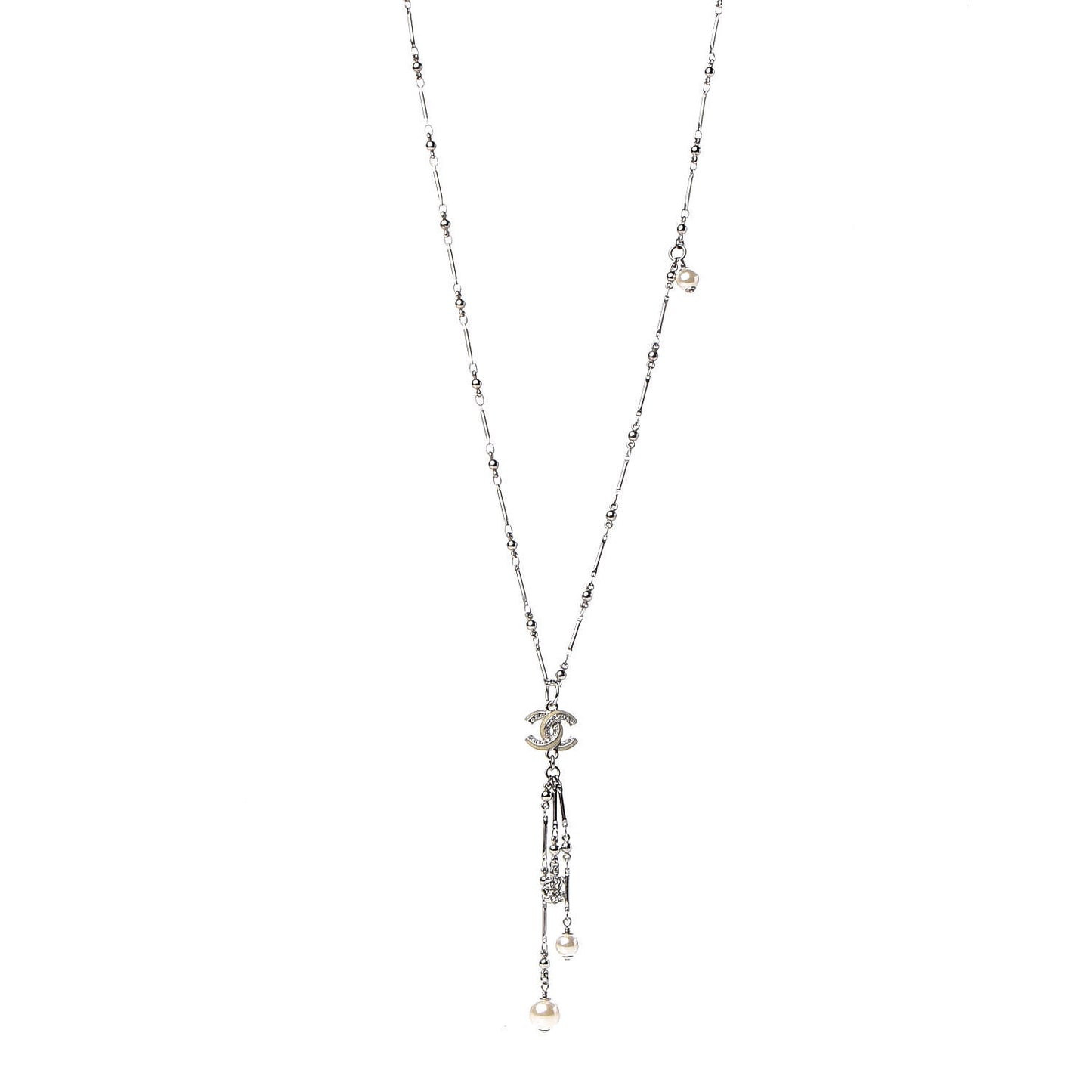 Crystal Pearl CC Beaded Long Necklace Silver