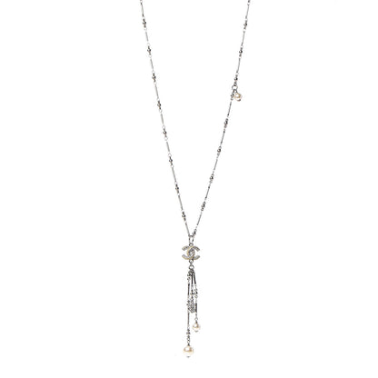 Chanel Crystal Pearl CC Beaded Long Necklace Silver 1 of 7