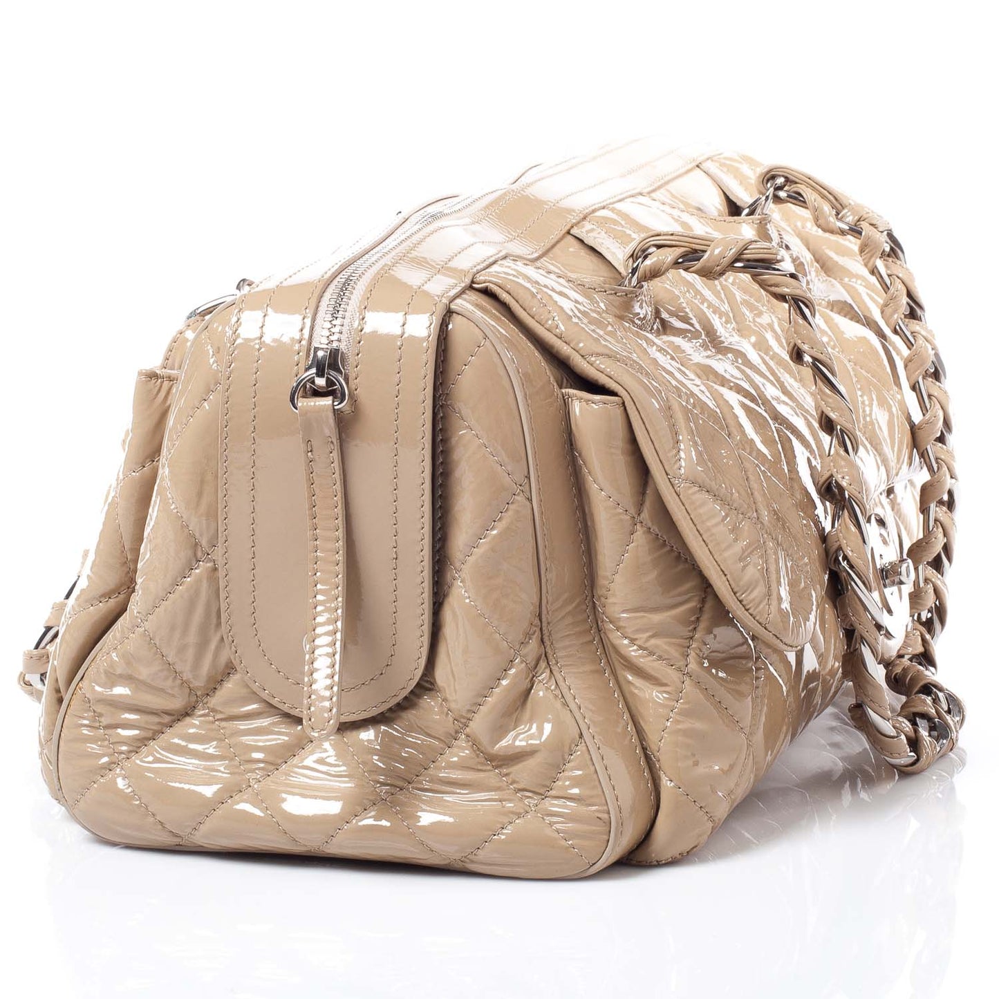 Patent Day Glo Flap Bag Beige