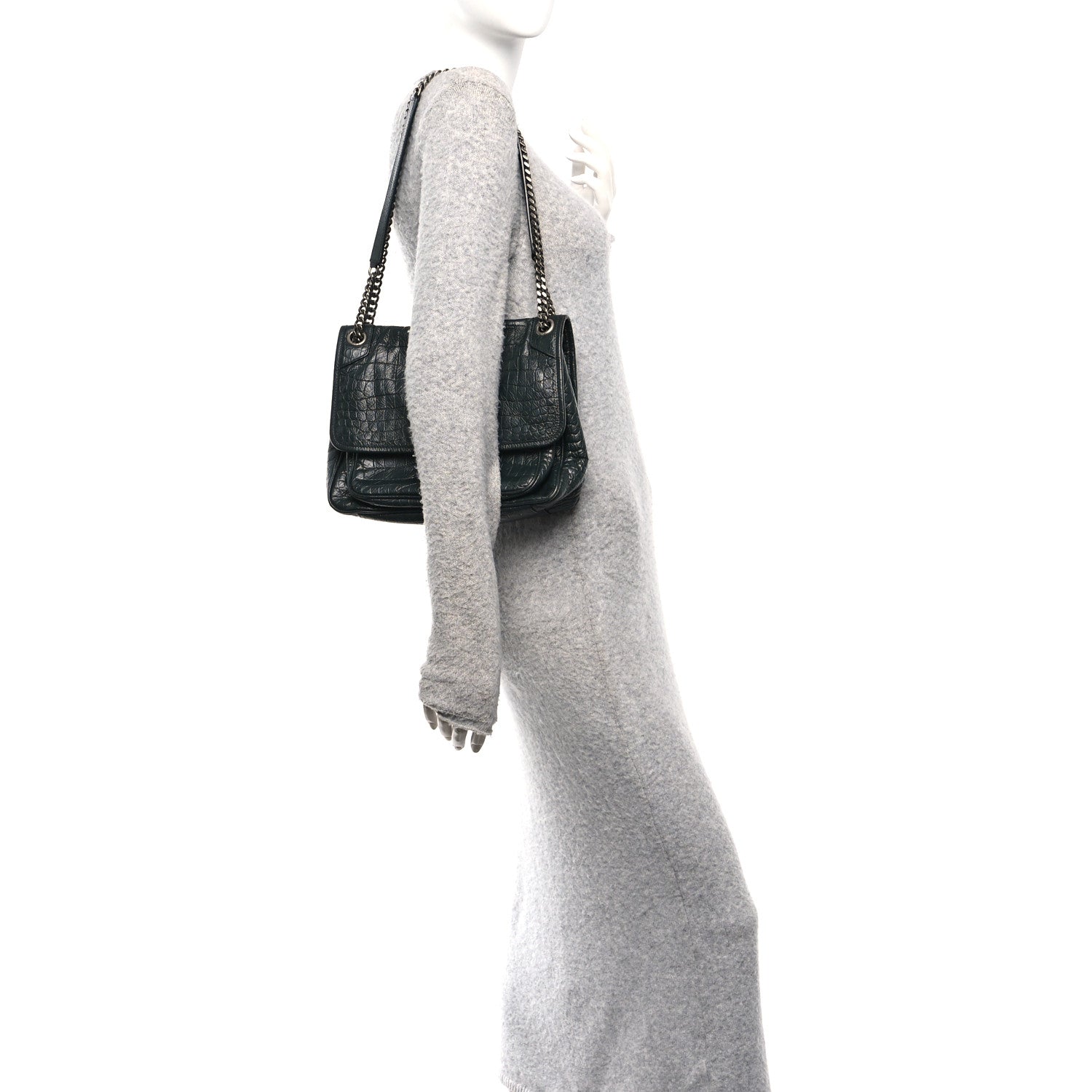 Saint Laurent Crocodile Embossed Calfskin Monogram Medium Niki Chain Satchel Algea 2 of 11