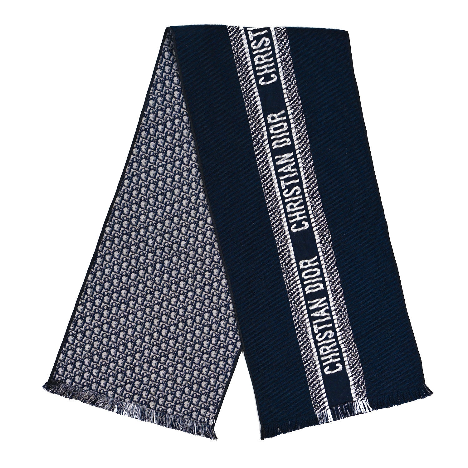 Christian Dior Wool Silk Oblique University Reversible Scarf Navy Blue 1 of 3