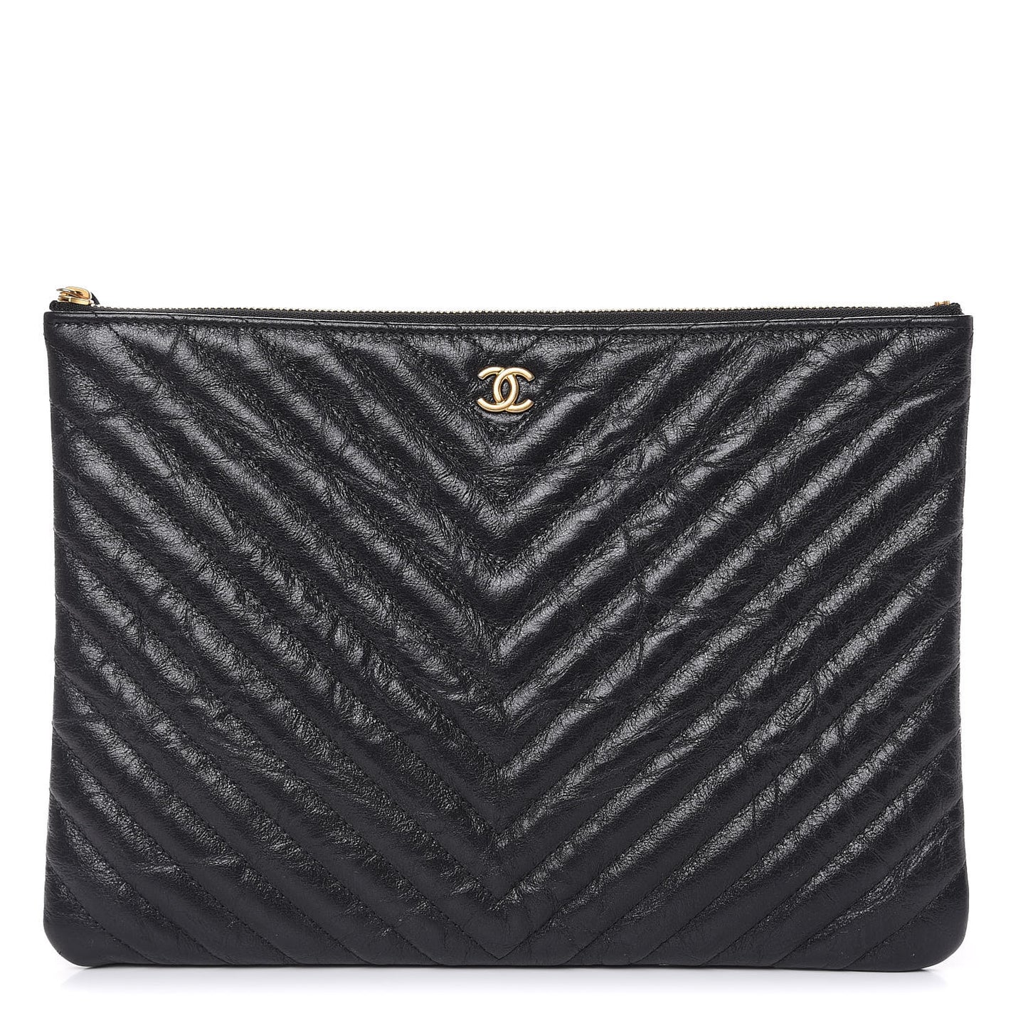 Crumpled Calfskin Chevron Quilted Medium Cosmetic Case Black