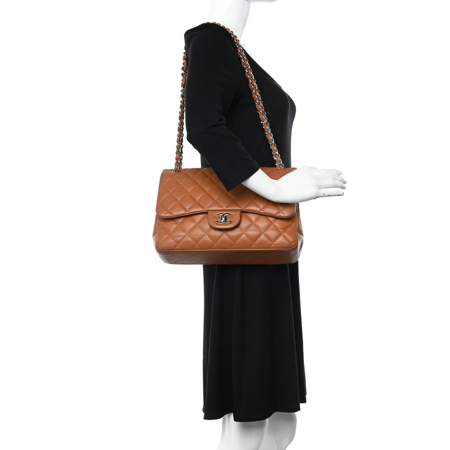Caviar Quilted Jumbo Double Flap Light Brown