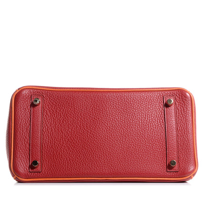 Hermes Taurillon Clemence Horseshoe Bi-Color Birkin 30 Rouge Garance and Orange 5 of 23
