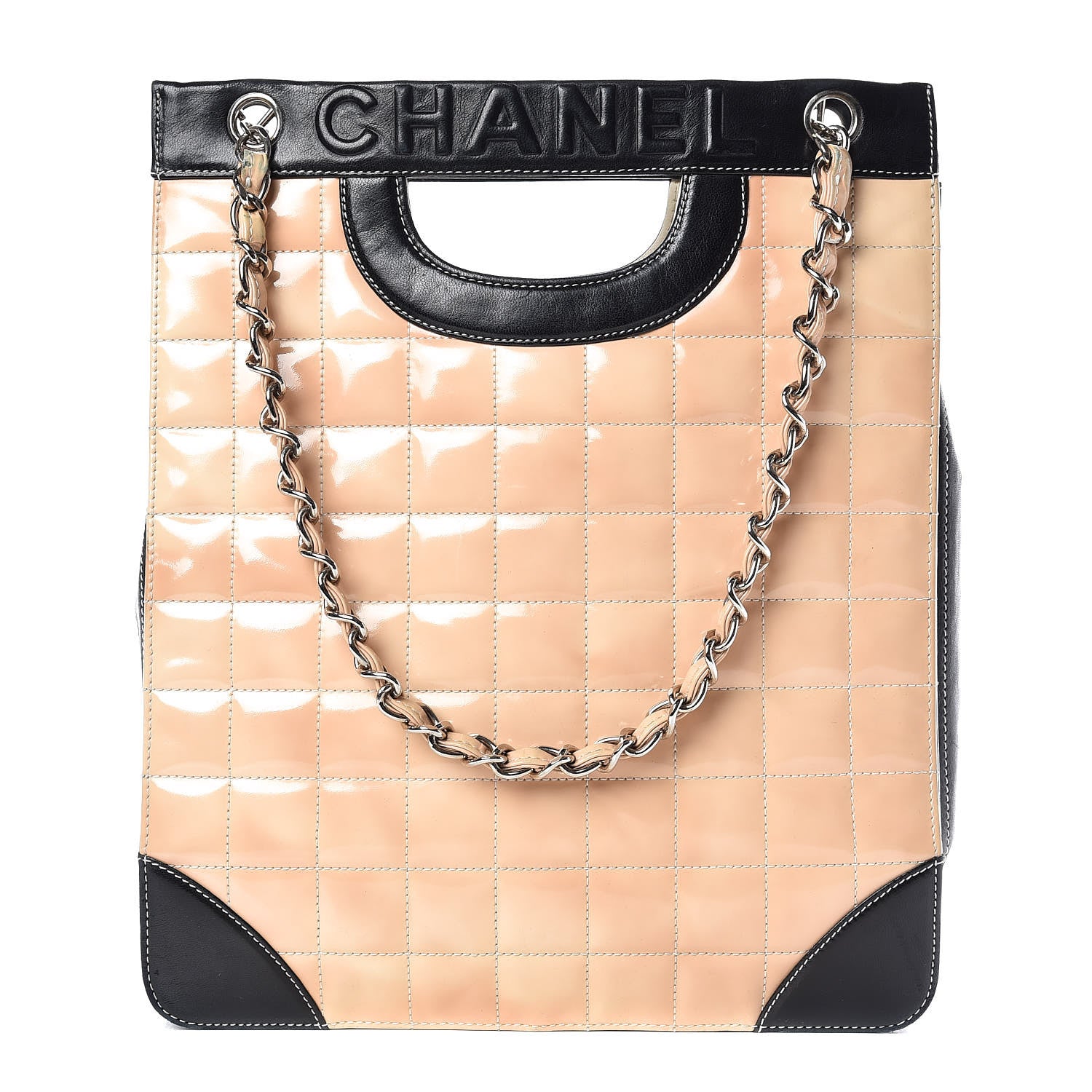 Chanel Patent Chocolate Bar Quilted Tote Beige Black 1 of 17