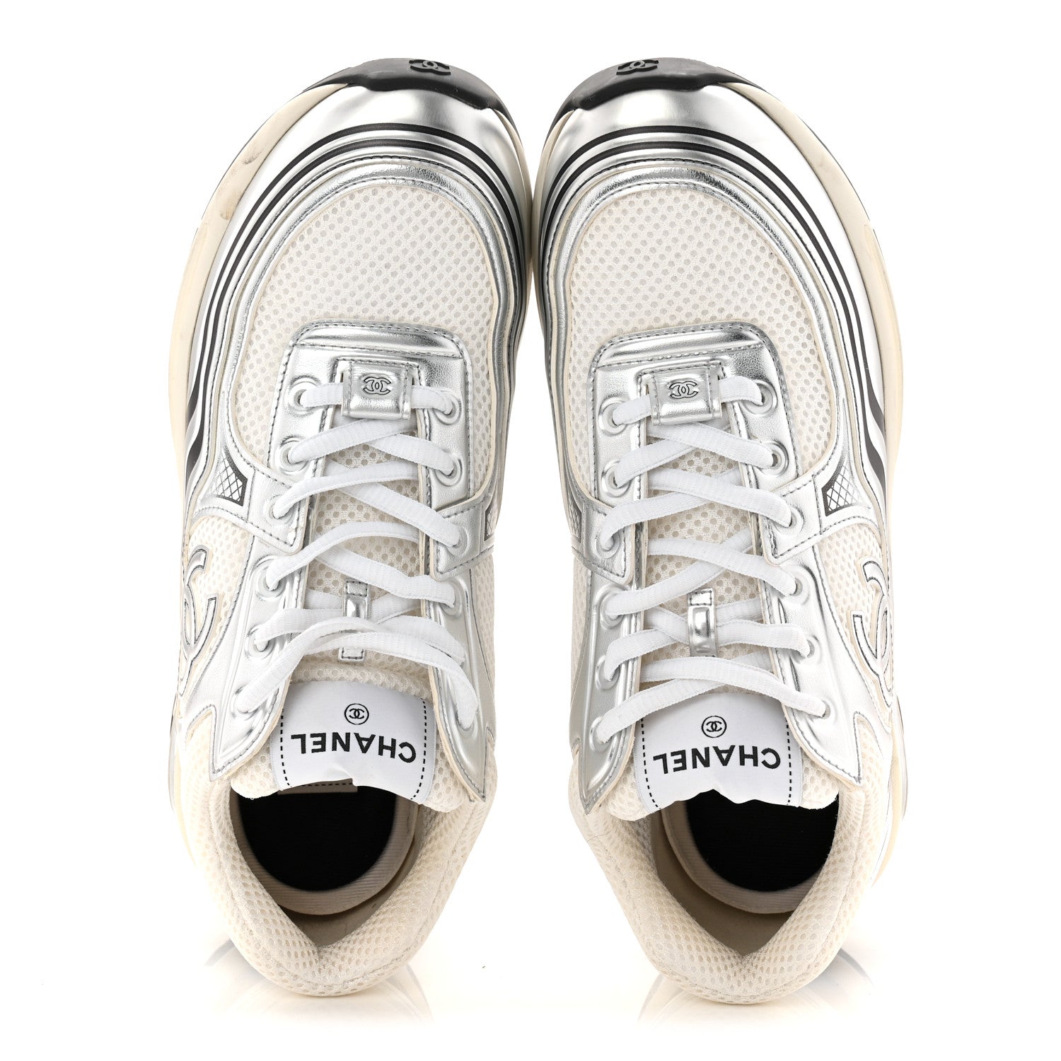 Chanel Fabric Laminated Calfskin Stretch CC Womens Sneakers 40 White Silver 2 of 11