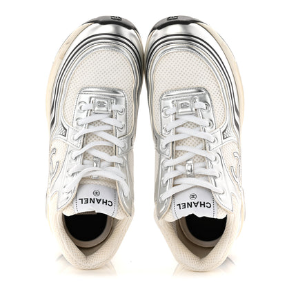 Chanel Fabric Laminated Calfskin Stretch CC Womens Sneakers 40 White Silver 2 of 11