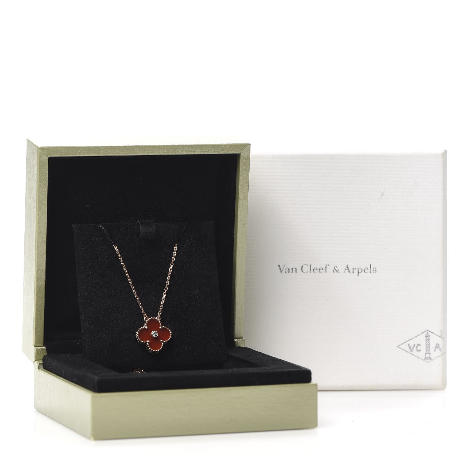 Van Cleef & Arpels 18K Rose Gold Diamond Carnelian Vintage Alhambra Pendant Necklace 7 of 7