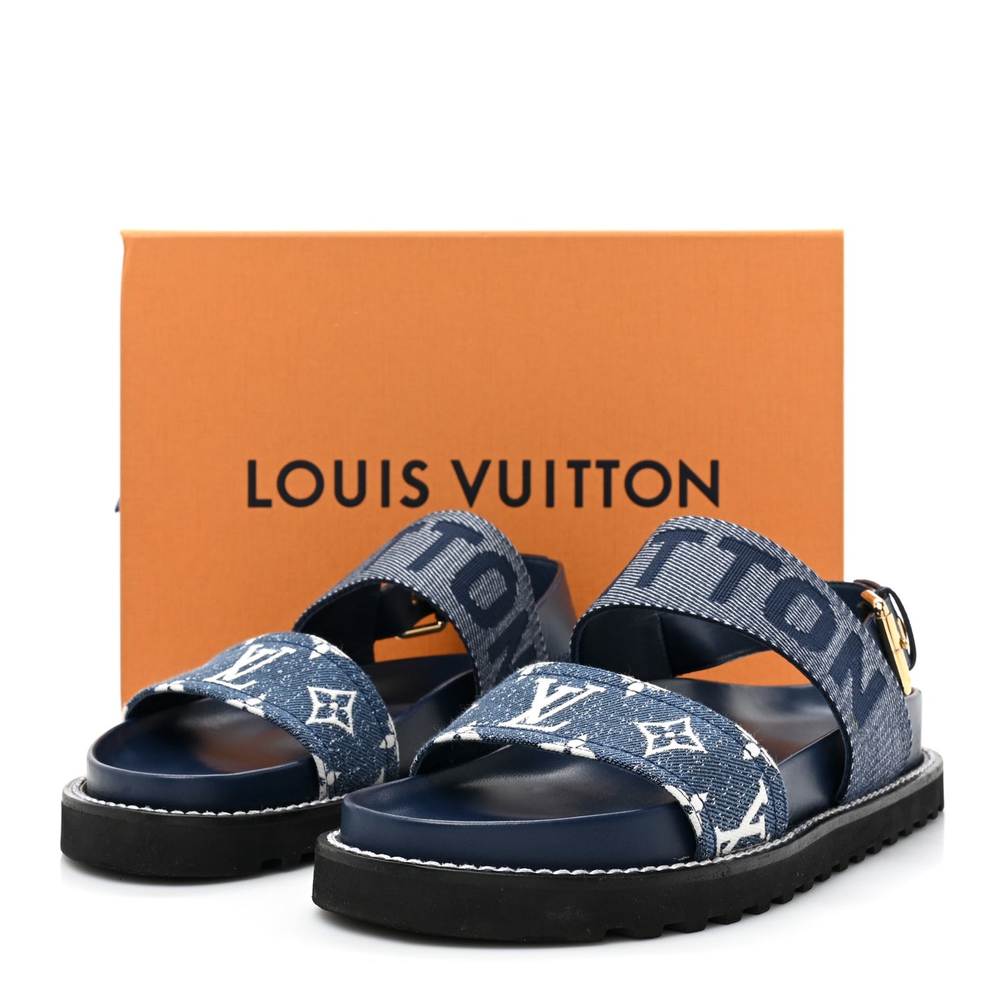 Monogram Denim Paseo Flat Comfort Sandals 38.5 Navy Blue