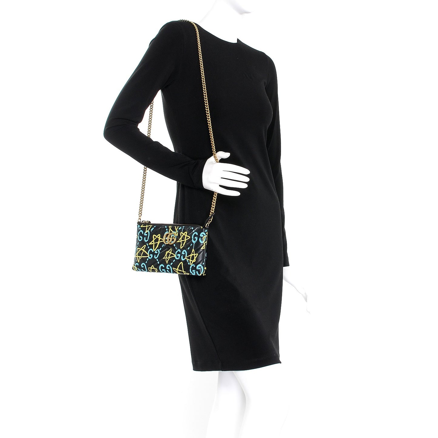 Calfskin Matelasse Printed Mini GucciGhost GG Marmont Chain Bag Black New Acquamarine