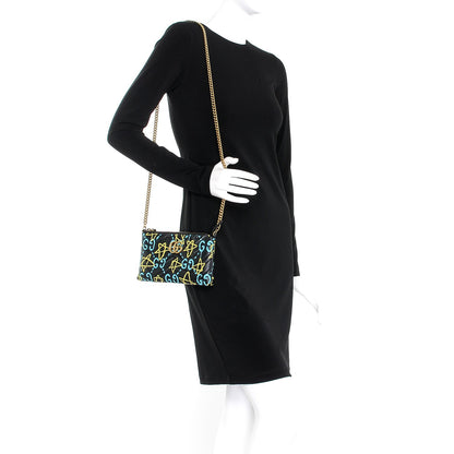 Gucci Calfskin Matelasse Printed Mini GucciGhost GG Marmont Chain Bag Black New Acquamarine 2 of 7